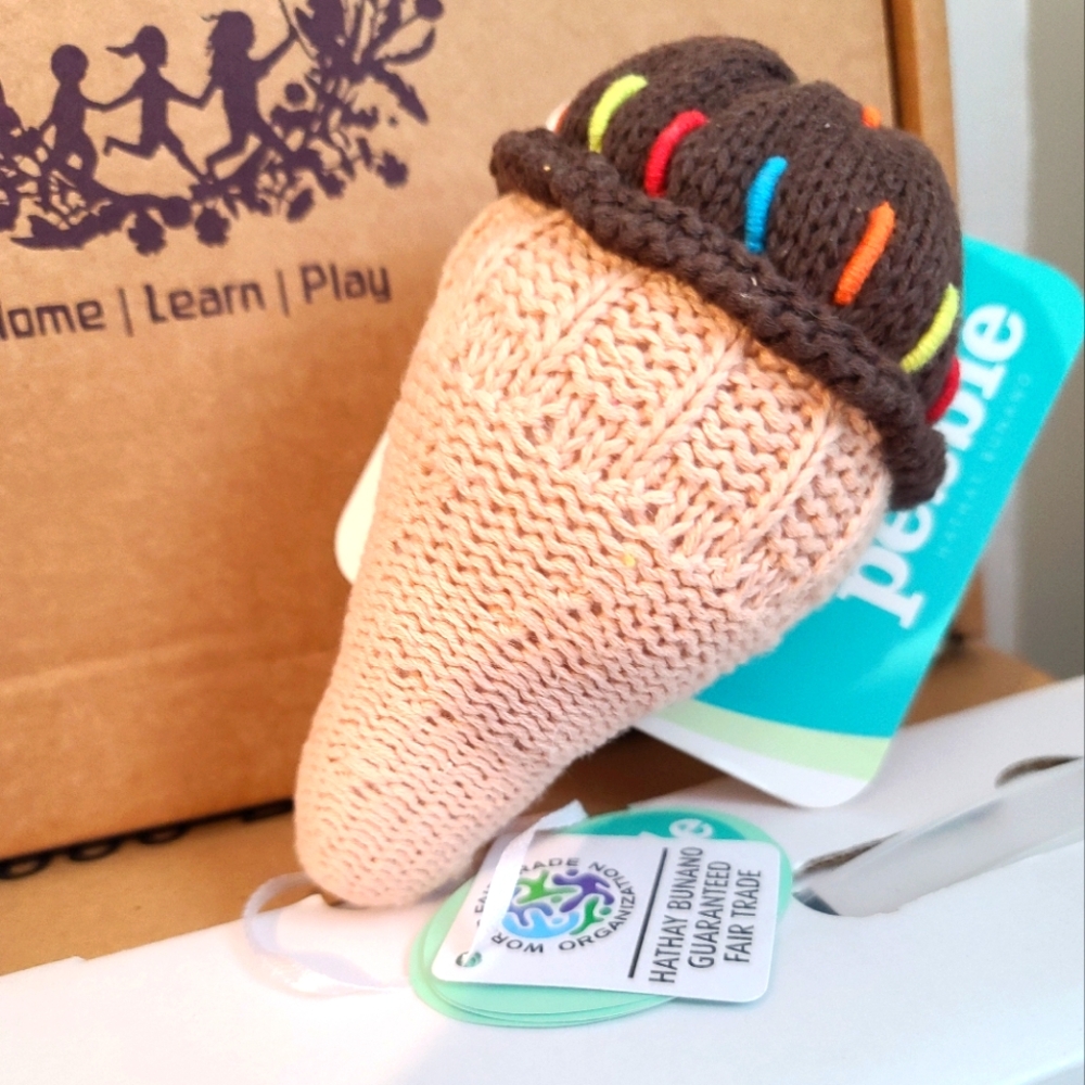 NWT Pebble Toys Organic Handmade Crochet Ice Cream Rattle